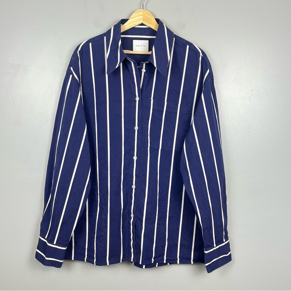Yaitte blue and white striped button front oversized tunic length shirt, small.